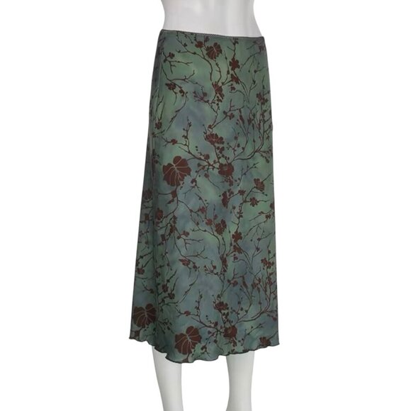 NEW Midi Skirt Sz.M Green Floral Stretch Pull-On Style Fairy Grunge Y2K 90s Boho - Picture 3 of 11
